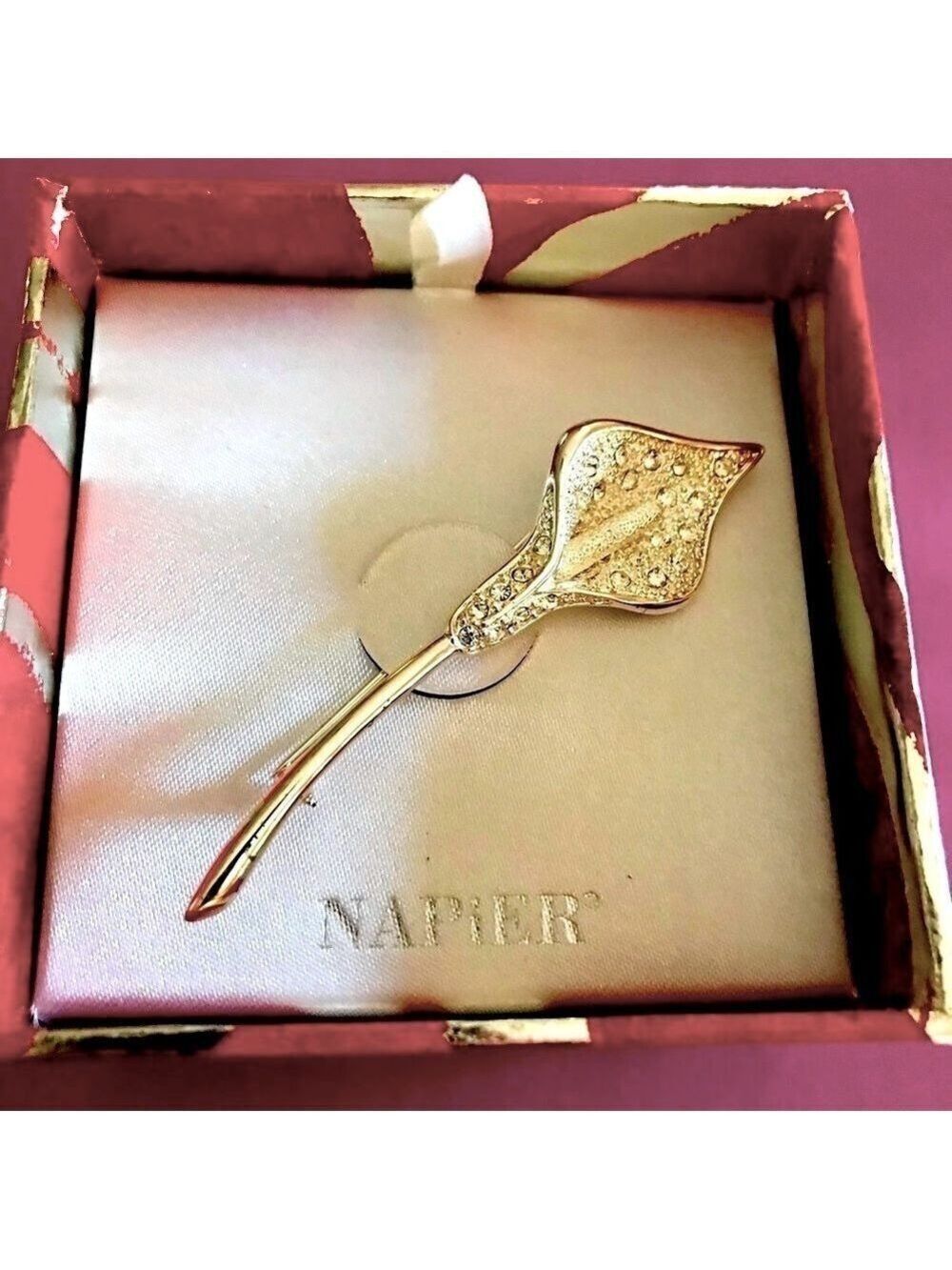 Napier Silver-Tone Calla Lily Flower Brooch, Pave Set Rhinestones & Long Stem